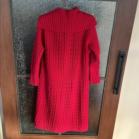 Aran Crafts Ireland 100% Merino Wool Long Sweater Cardigan Coatigan XL Red - Picture 9 of 9